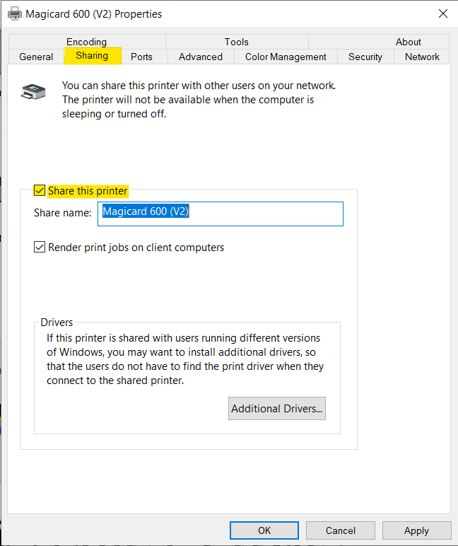 در زبانه اشتراکگذاری، گزینه «اشتراکگذاری این چاپگر» را انتخاب کنید و نام را اضافه کنید